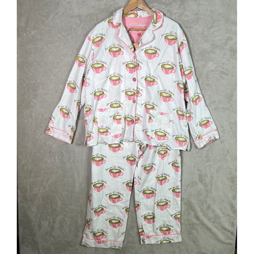 P.J. Salvage Pajama Set XL Love U So Matcha Cotton Flannel Collared Button